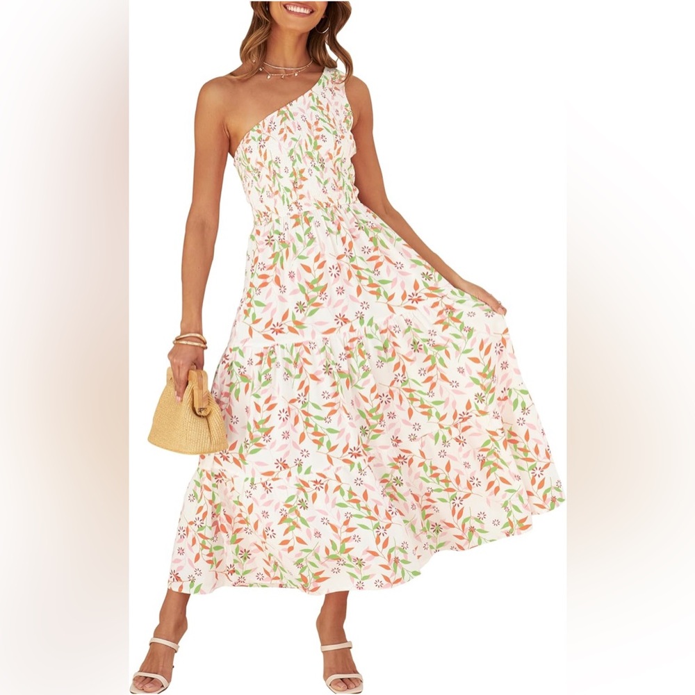 NWT Bohemian Floral Print One Shoulder Sleeveless Ruffle Tiered Long Midi Dress